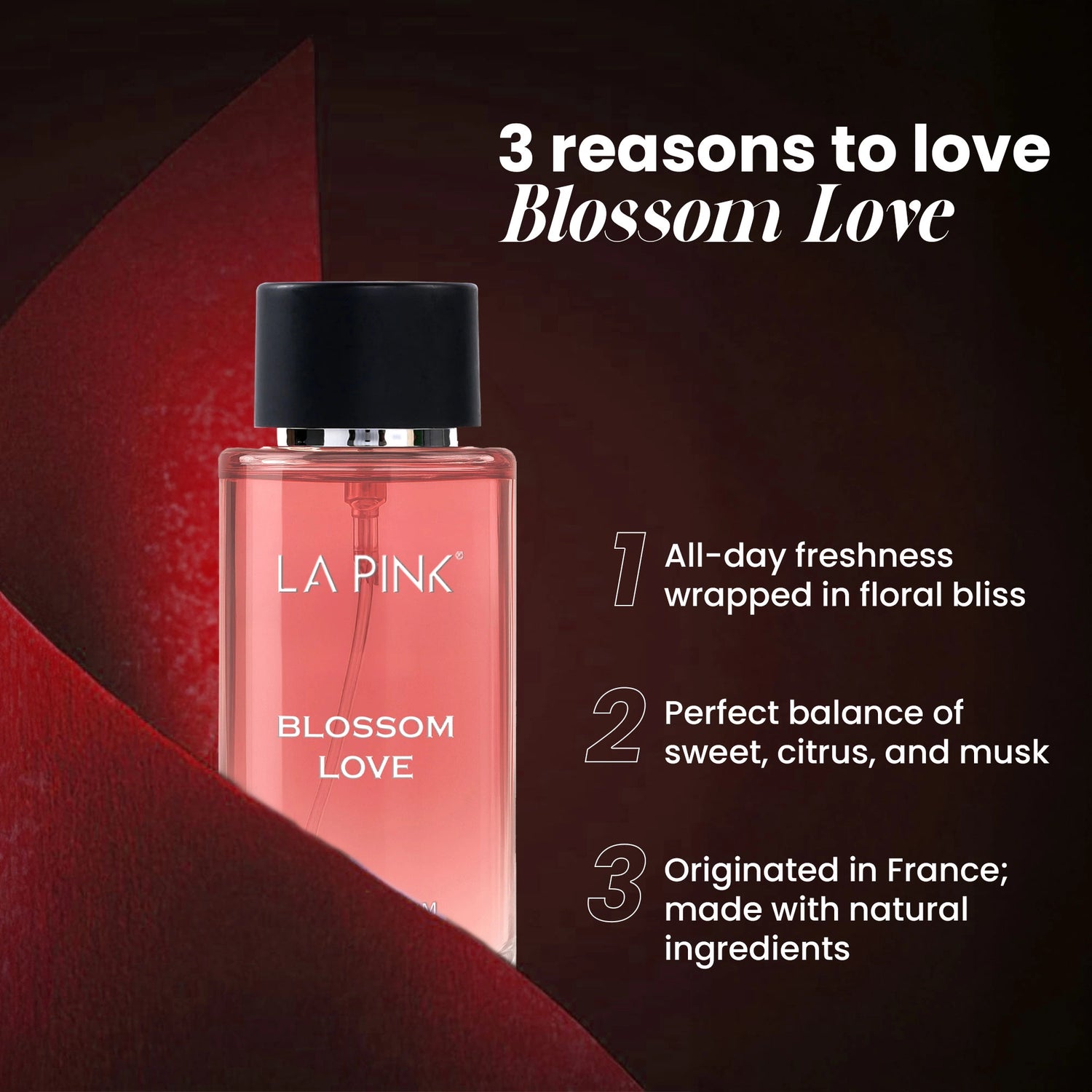 LA Pink Blossom Love perfume bottle with promotional text on a dark background