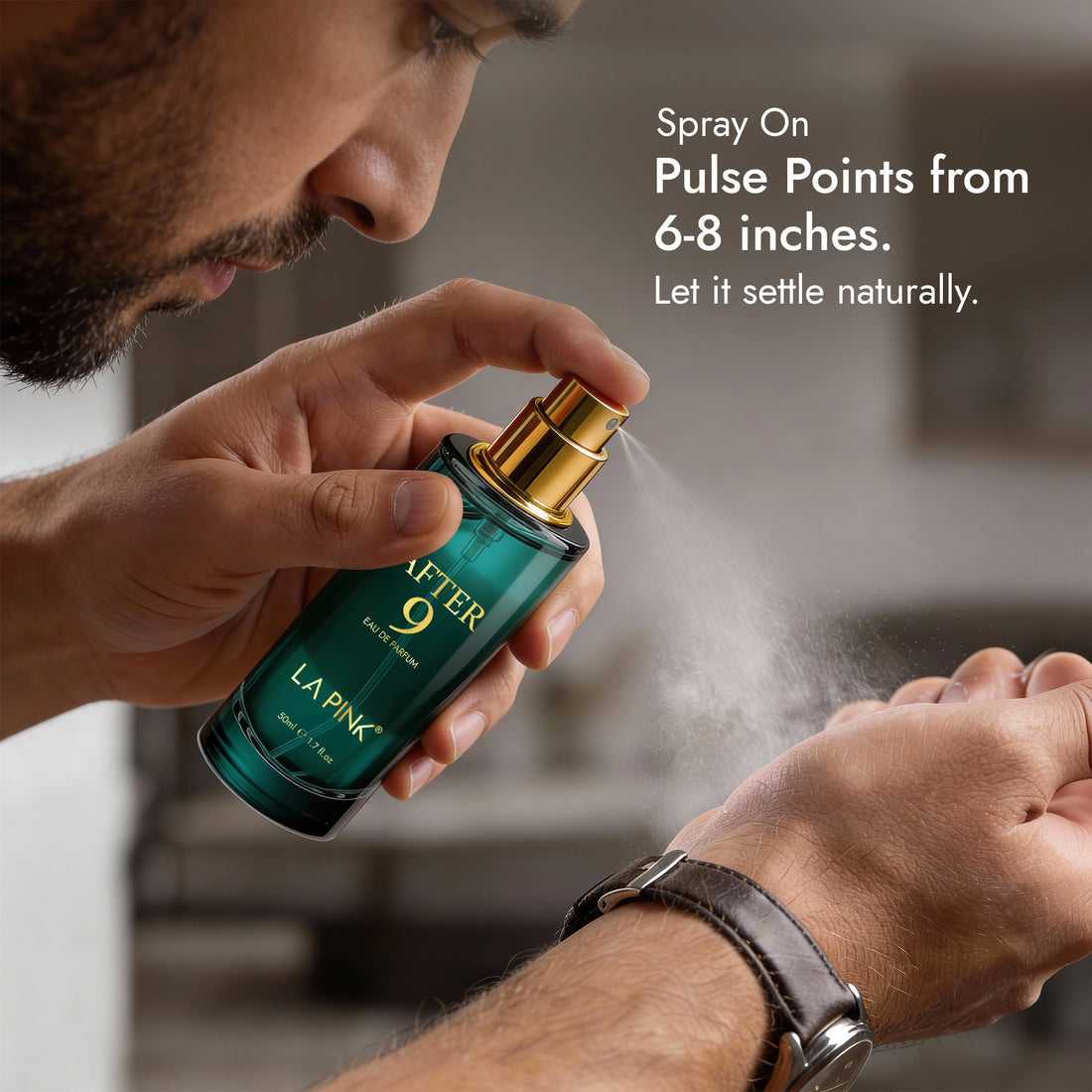 Person applying a green spray bottle labeled &