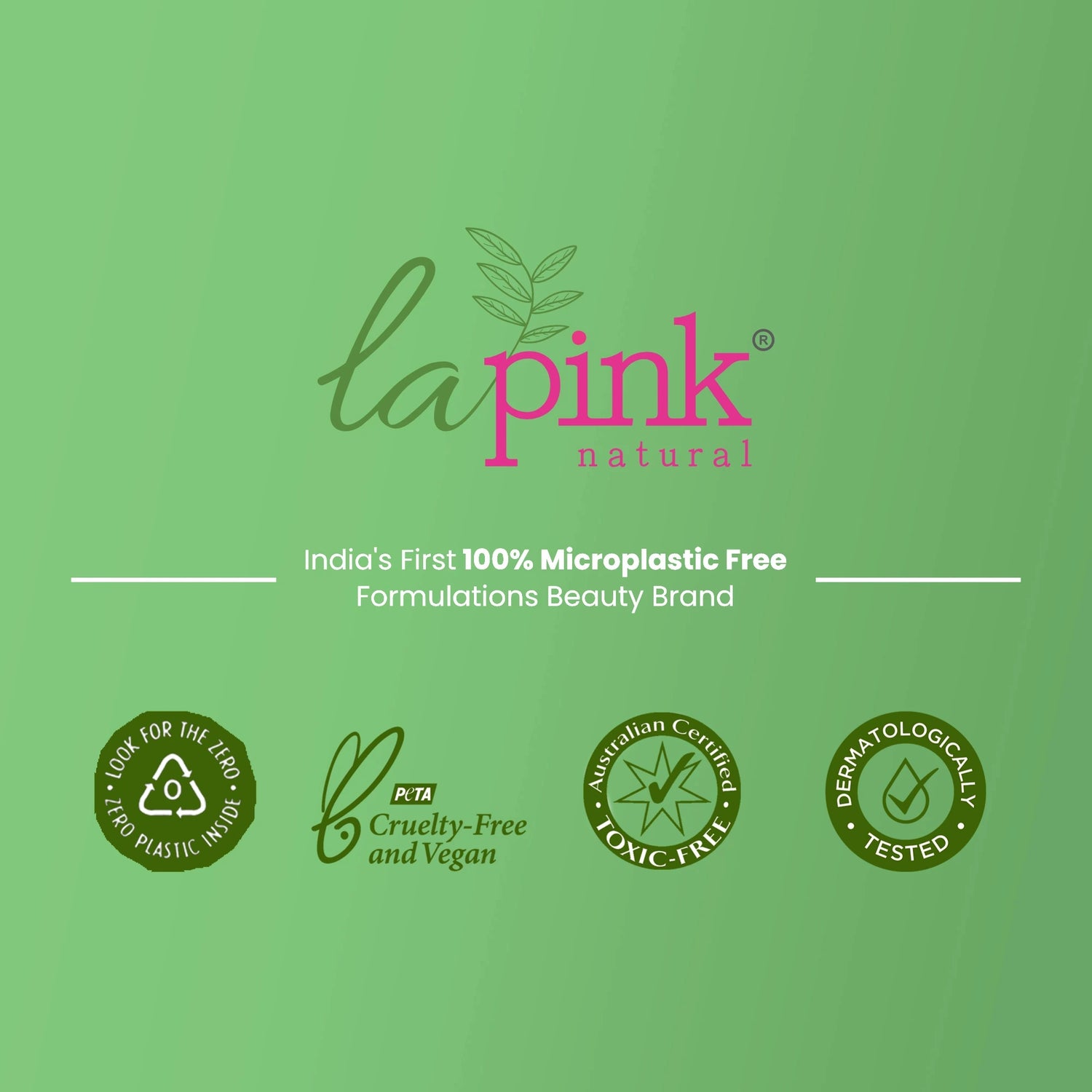 Lapink Natural branding on a green background with certification logos.