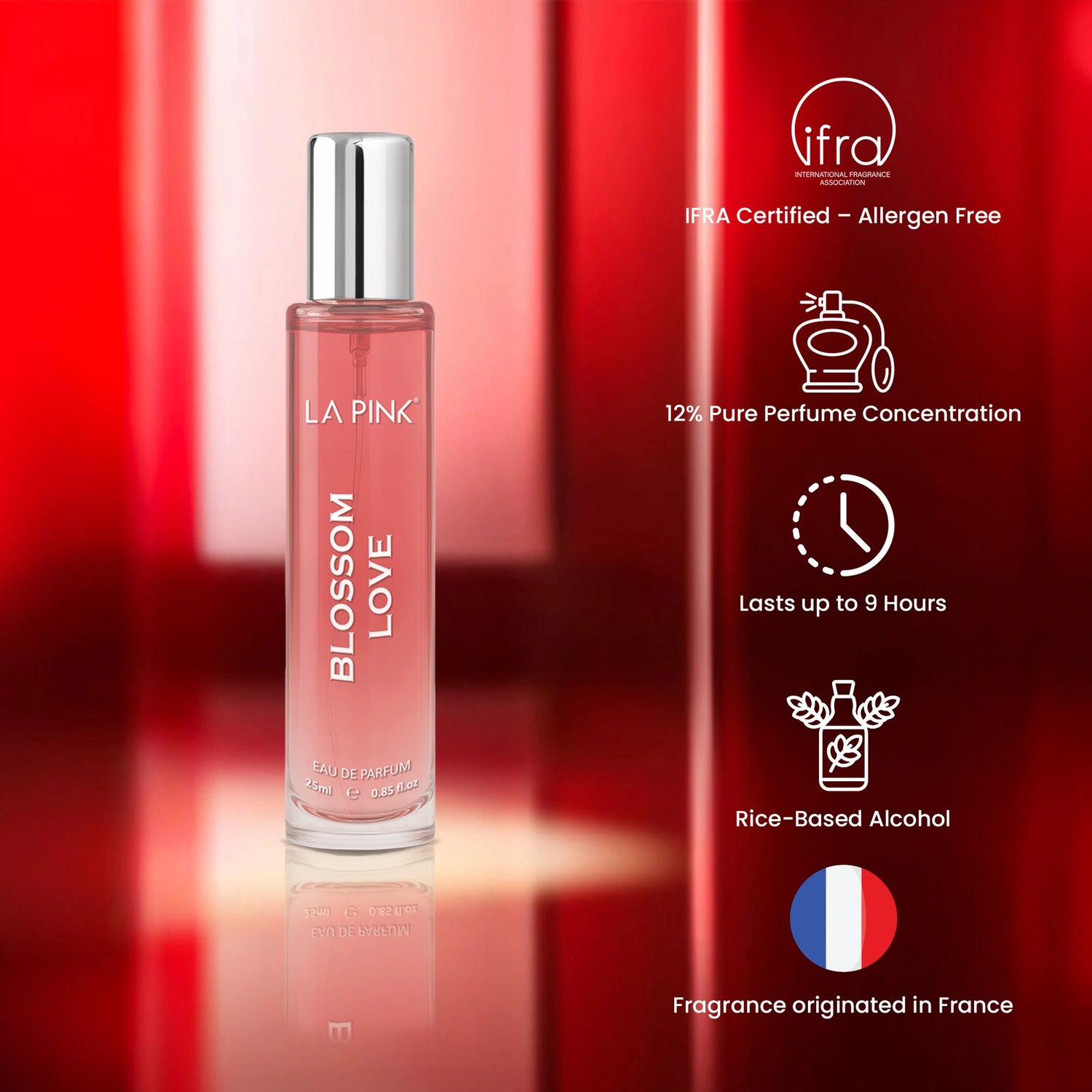 LA Pink Blossom Love perfume bottle with product features on a red background