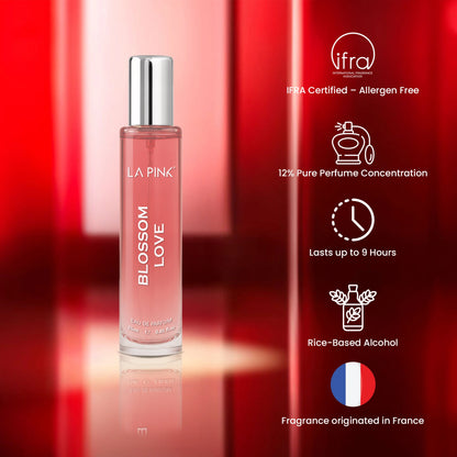 LA Pink Blossom Love perfume bottle with product features on a red background