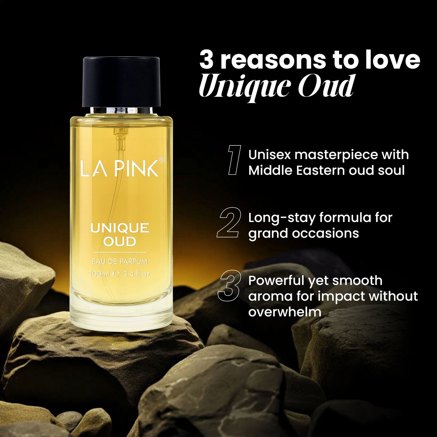 LA PINK Unique Oud perfume bottle on rocks with promotional text on a black background