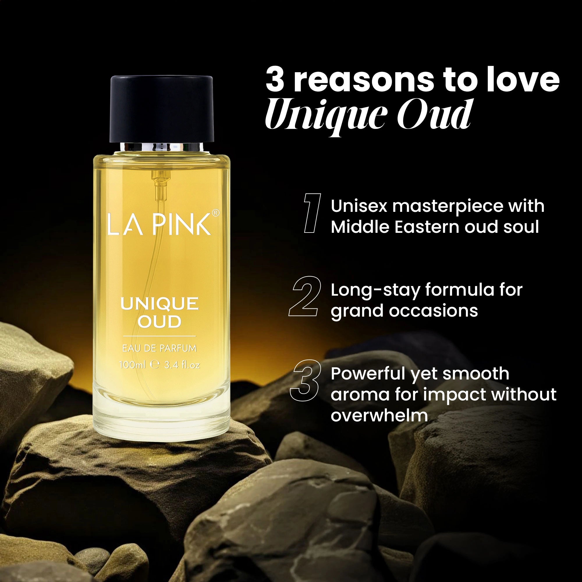 LA PINK Unique Oud perfume bottle on rocks with promotional text on a black background