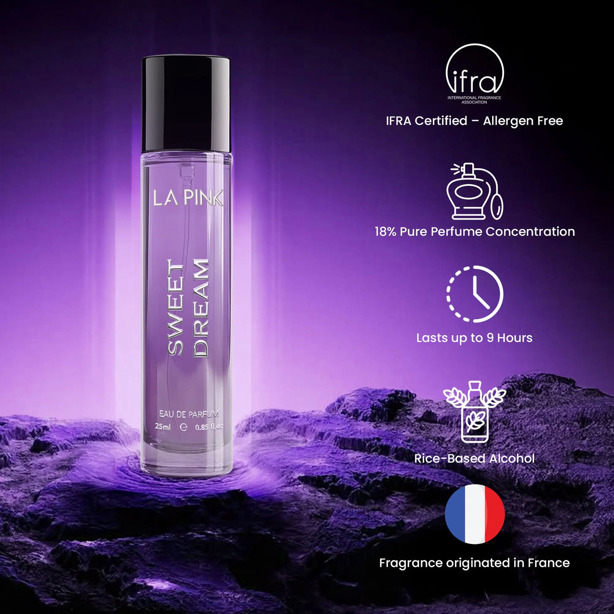 LA PING Sweet Dream Eau de Parfum bottle on a purple rocky background with feature callouts including IFRA Certified, 18% Pure Perfume Concentration, lasts up to 9 hours, rice-based alcohol, and fragrance originated in France.