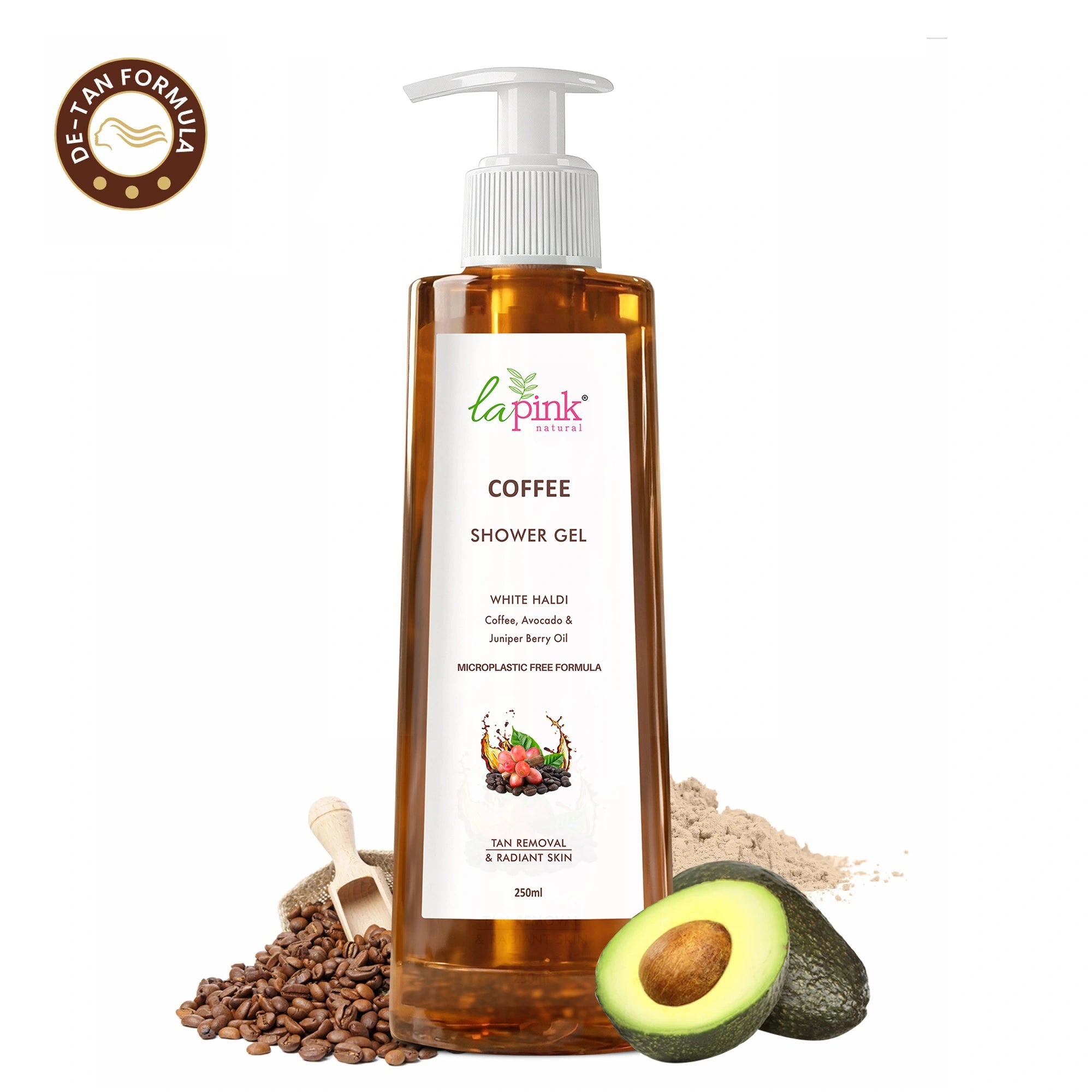 Coffee shower gel bottle with ingredients on a white background