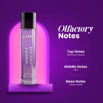 A 25ml bottle of LA PINK Sweet Dream Eau de Parfum displayed on a purple pedestal with a neon glow