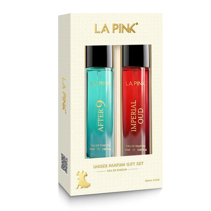 La Pink Unisex Parfum Gift Set containing two 20ml bottles, one with teal liquid labeled &