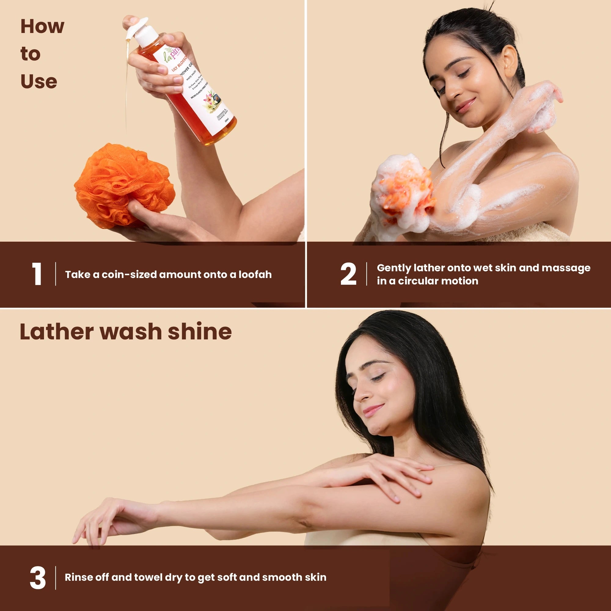 Instructions on how to use a loofah with a bottle of soap, showing a woman applying soap and scrubbing her arm.