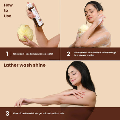 Instructions on how to use a loofah and scrubber with a woman applying it to her skin.