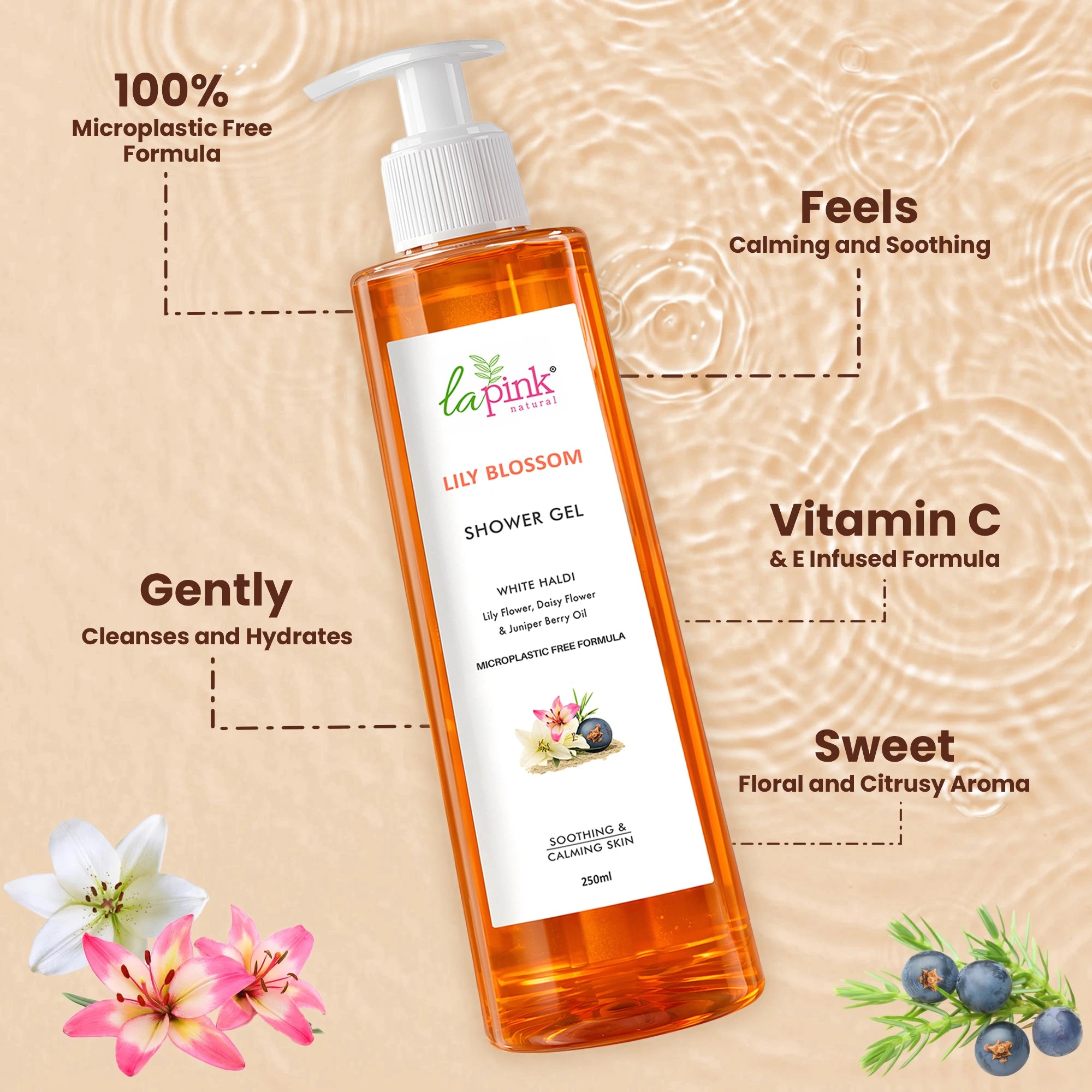 Lapink Lily Blossom Shower Gel bottle with product features on a beige background