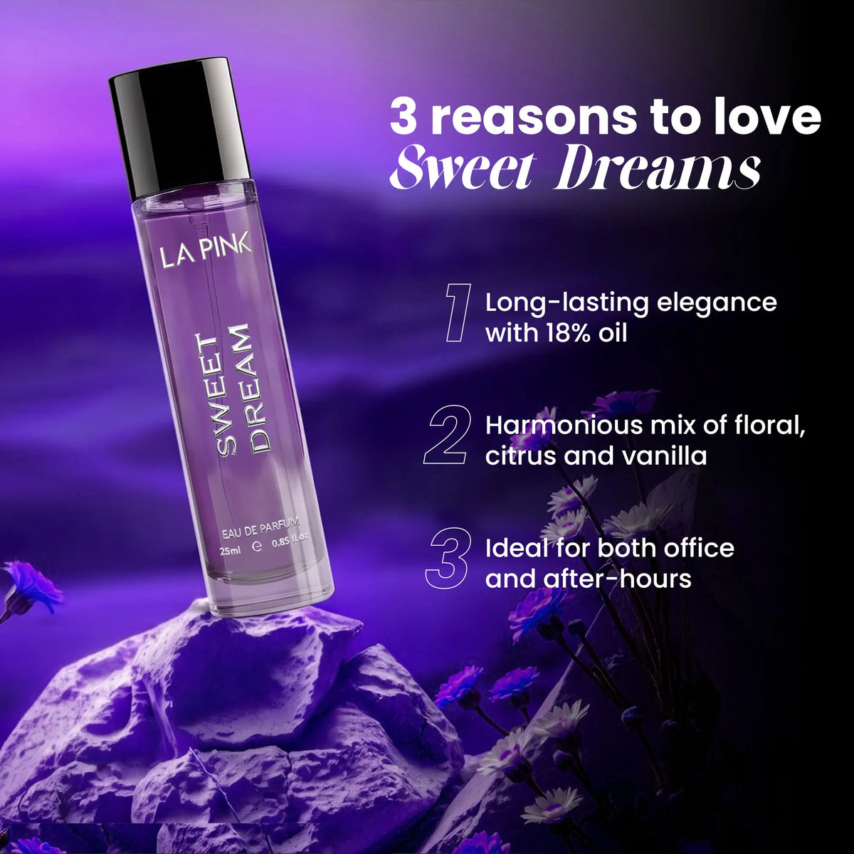 LA PINK Sweet Dreams Eau de Parfum bottle displayed on a purple rock with text overlays detailing the scent and benefits.