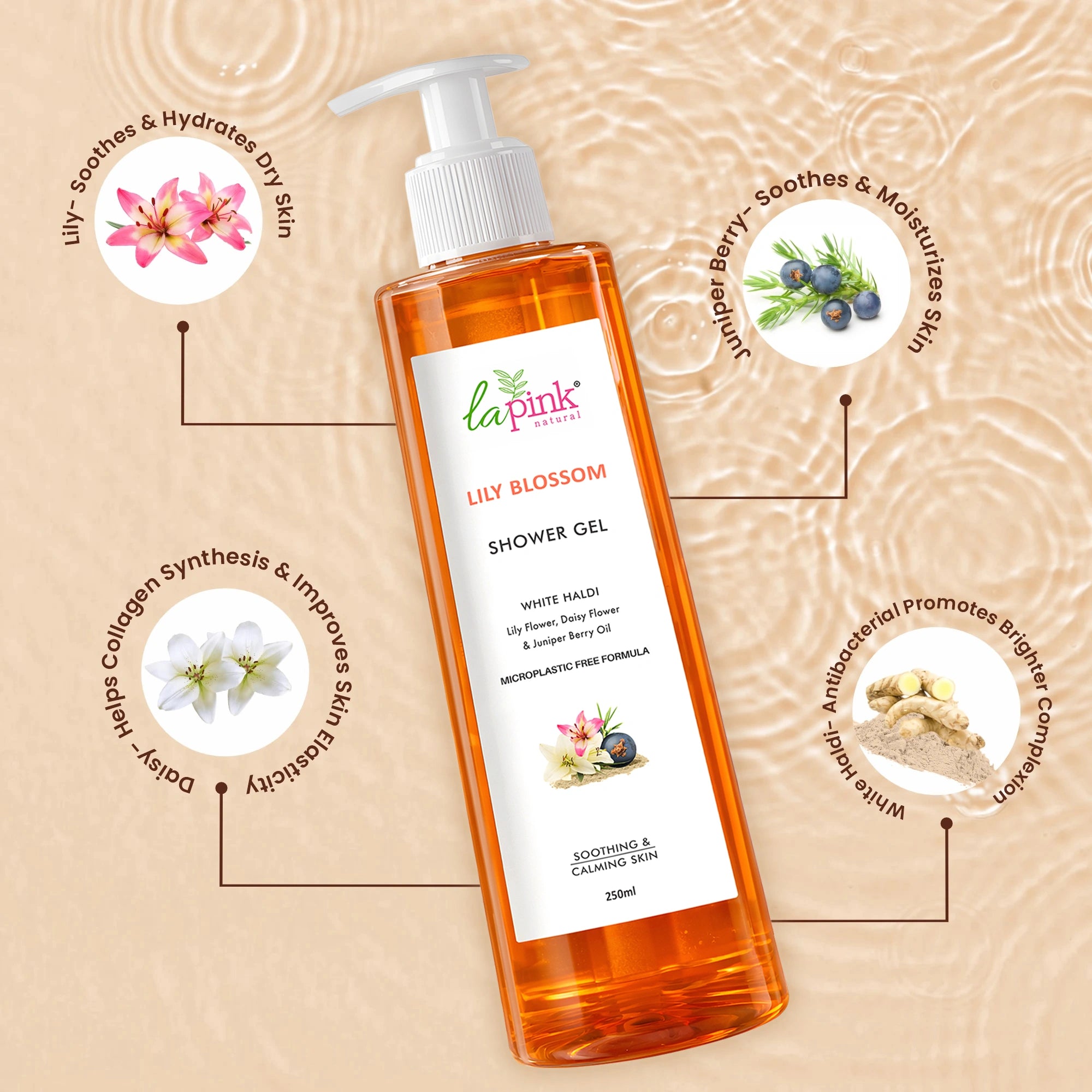 Lapink Lily Blossom Shower Gel bottle with ingredients and benefits on a beige background