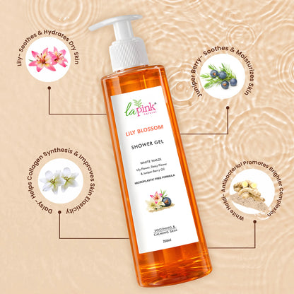 Lapink Lily Blossom Shower Gel bottle with ingredients and benefits on a beige background