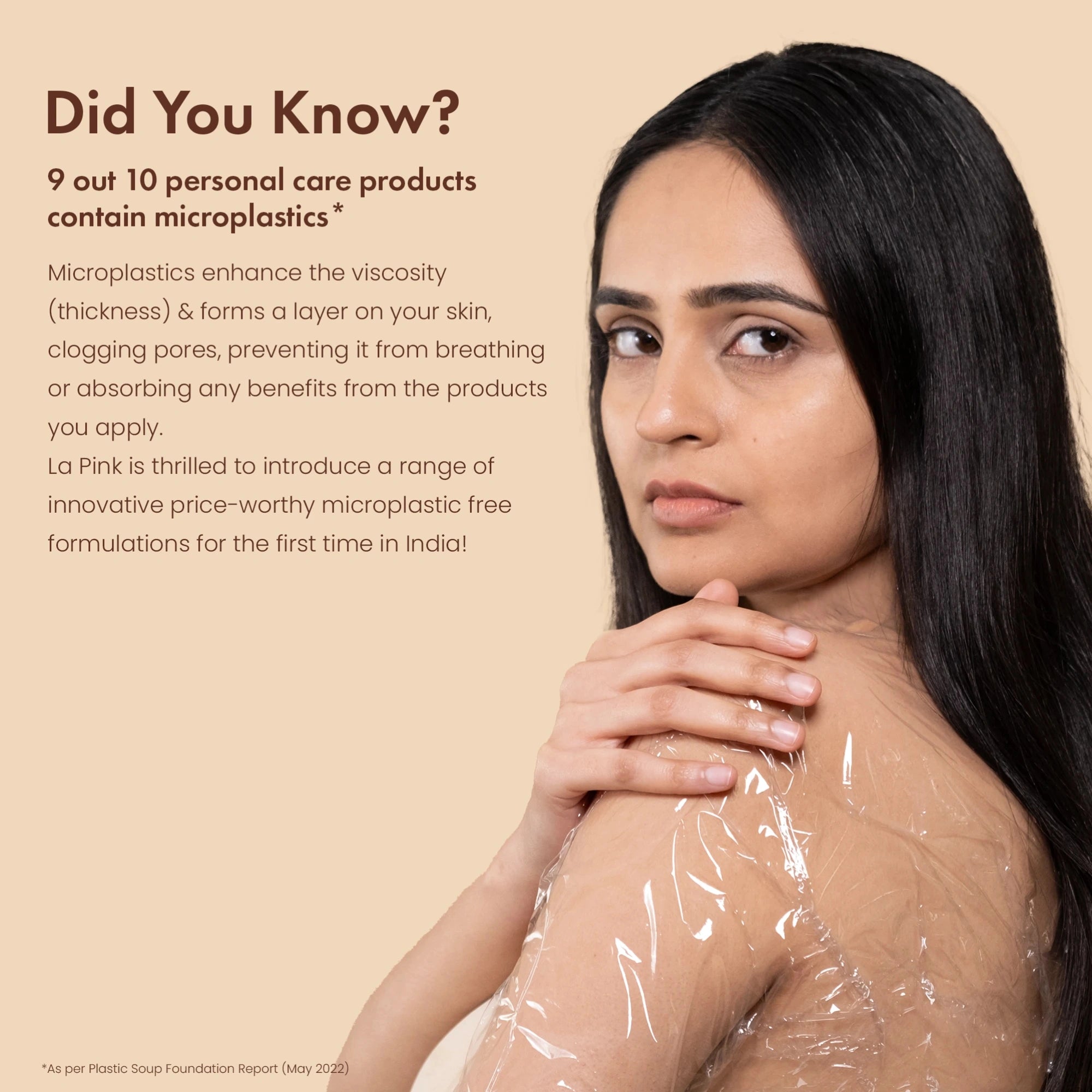 Woman with clear plastic wrap on skin against a beige background with text about microplastics in personal care products.