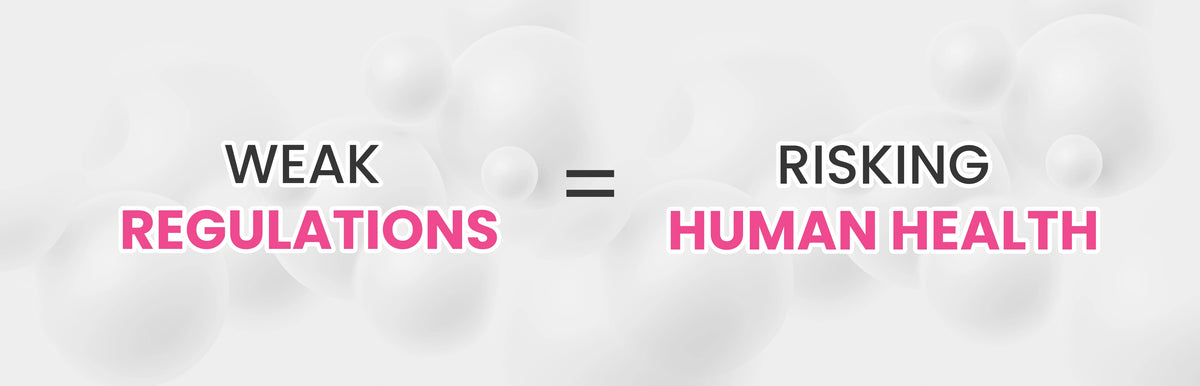 Text on a light gray background with 'WEAK REGULATIONS = RISKING HUMAN HEALTH' message.