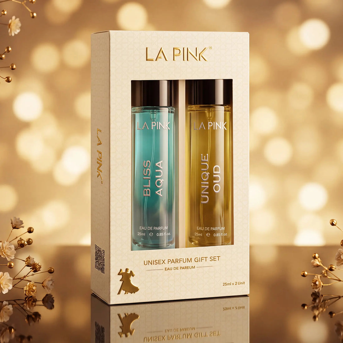 LA PINK Unisex Parfum Gift Set featuring a cream-colored box with two bottles, one containing a teal-blue liquid labeled &