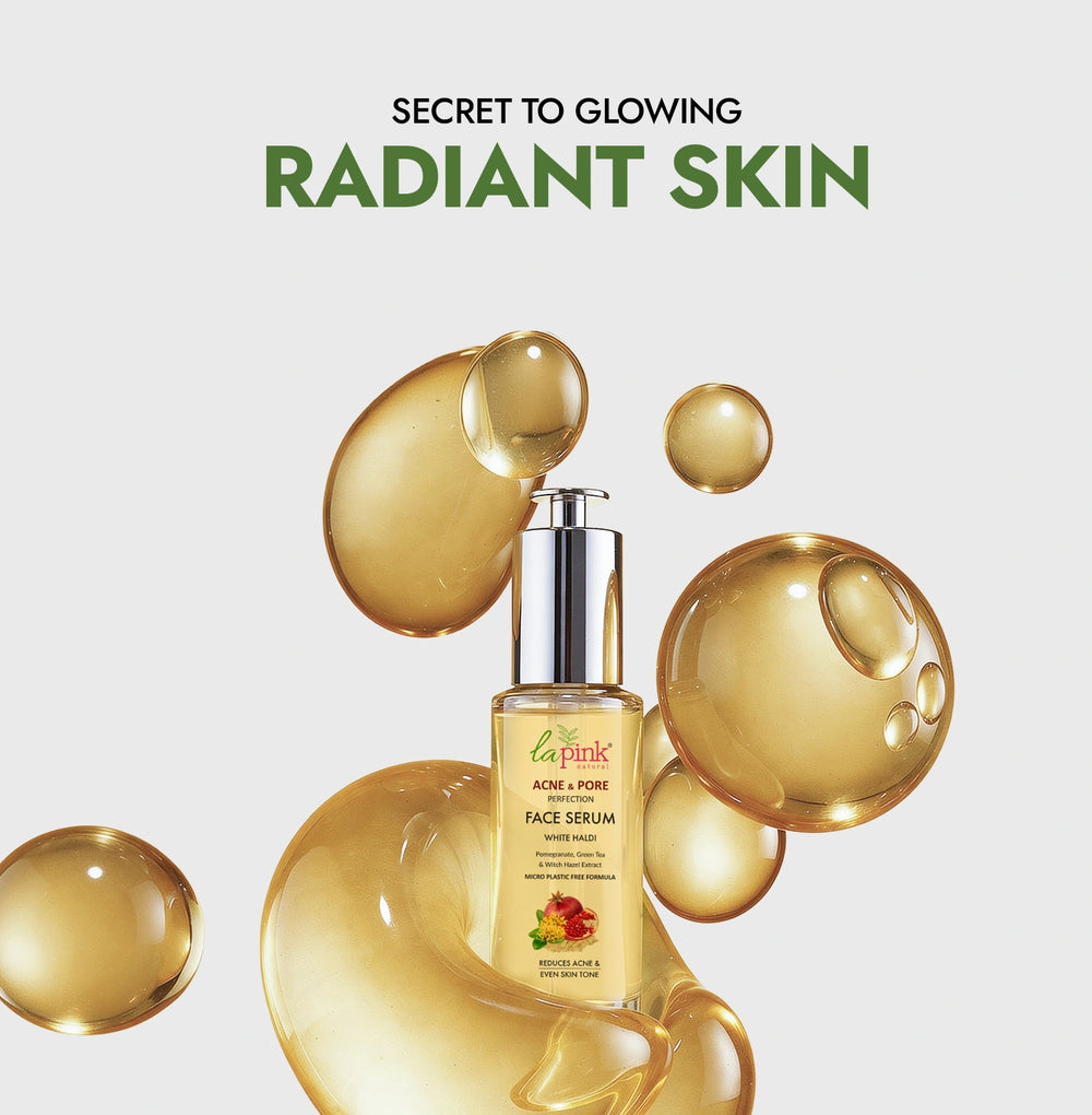 Face serum bottle with golden bubbles on a light gray background, promoting 'Secret to Glowing Radiant Skin'.