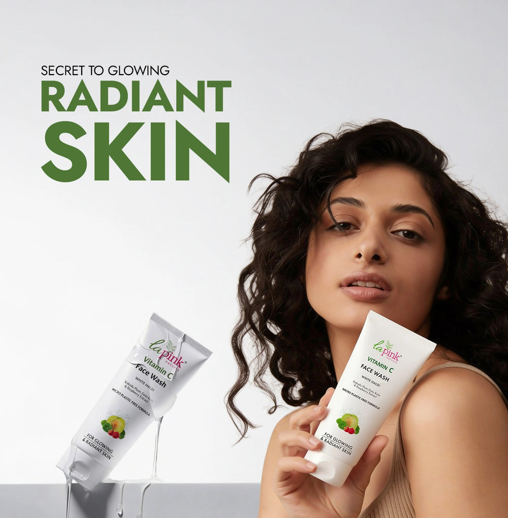 Woman holding a skincare product with text about glowing radiant skin on a white background