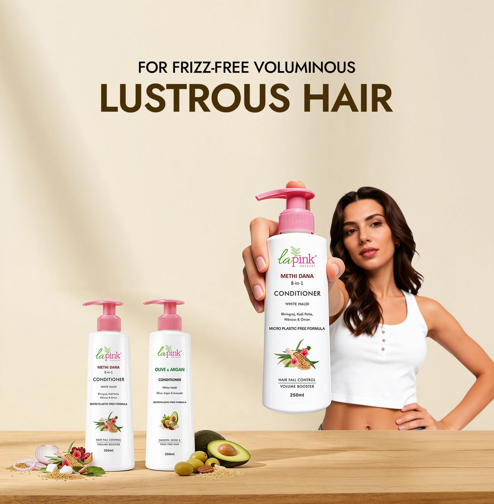 Woman holding a bottle of 'La Pink' hair care product with text about frizz-free voluminous hair on a beige background.