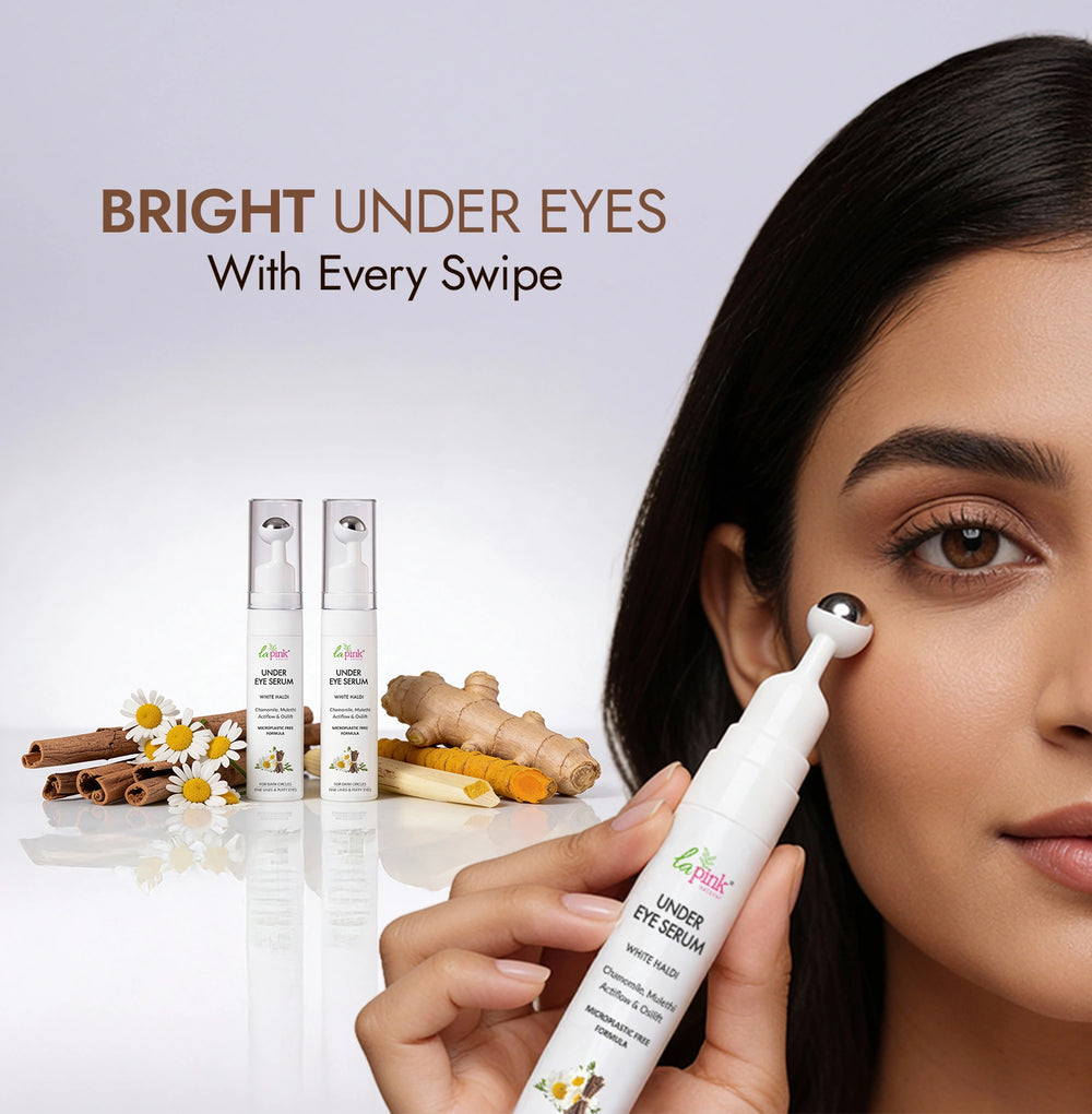 Woman applying eye serum with text 'Bright Under Eyes With Every Swipe' and skincare products in the background.