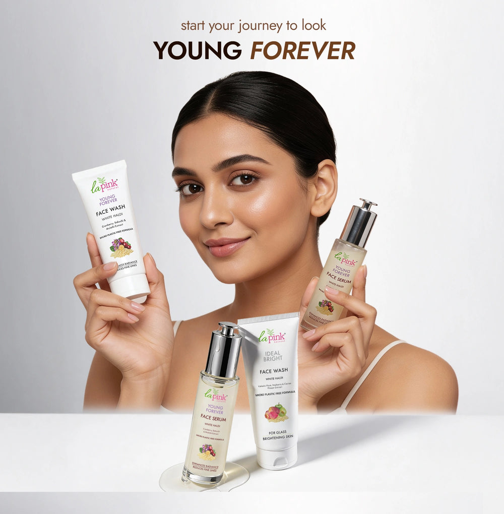 Woman holding skincare products with 'start your journey to look YOUNG FOREVER' text