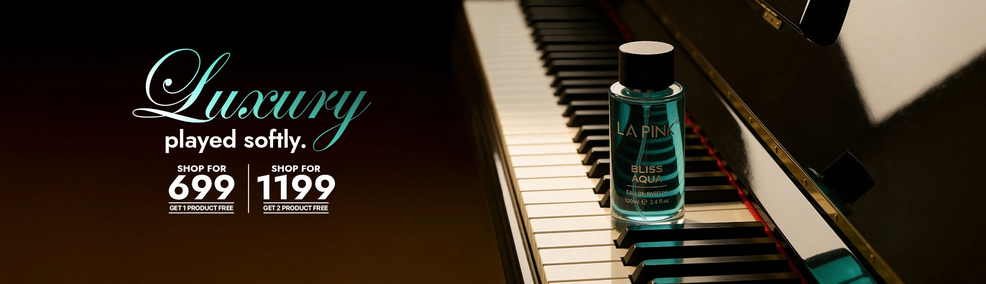 Bottle of perfume on a piano with 'Luxury' text and pricing.