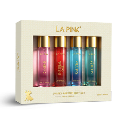 LA Pink unisex perfume gift set with four bottles in different colors on a beige box.