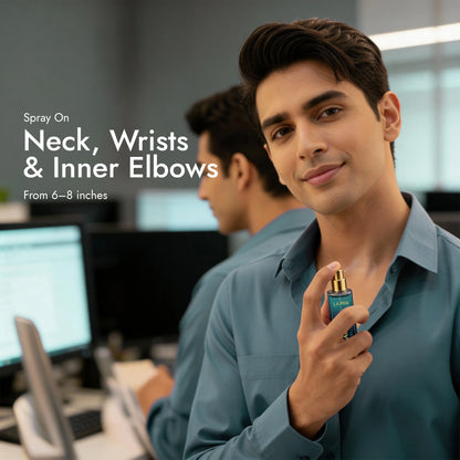 Man holding a small bottle of perfume in an office setting with text about application areas.