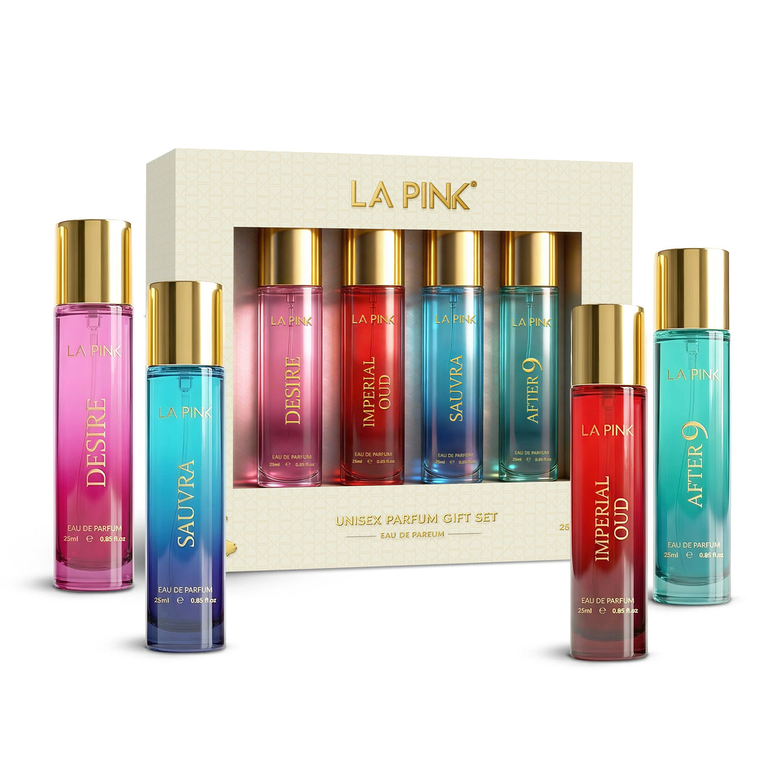 Set of La Pink perfume bottles with a display box on a white background