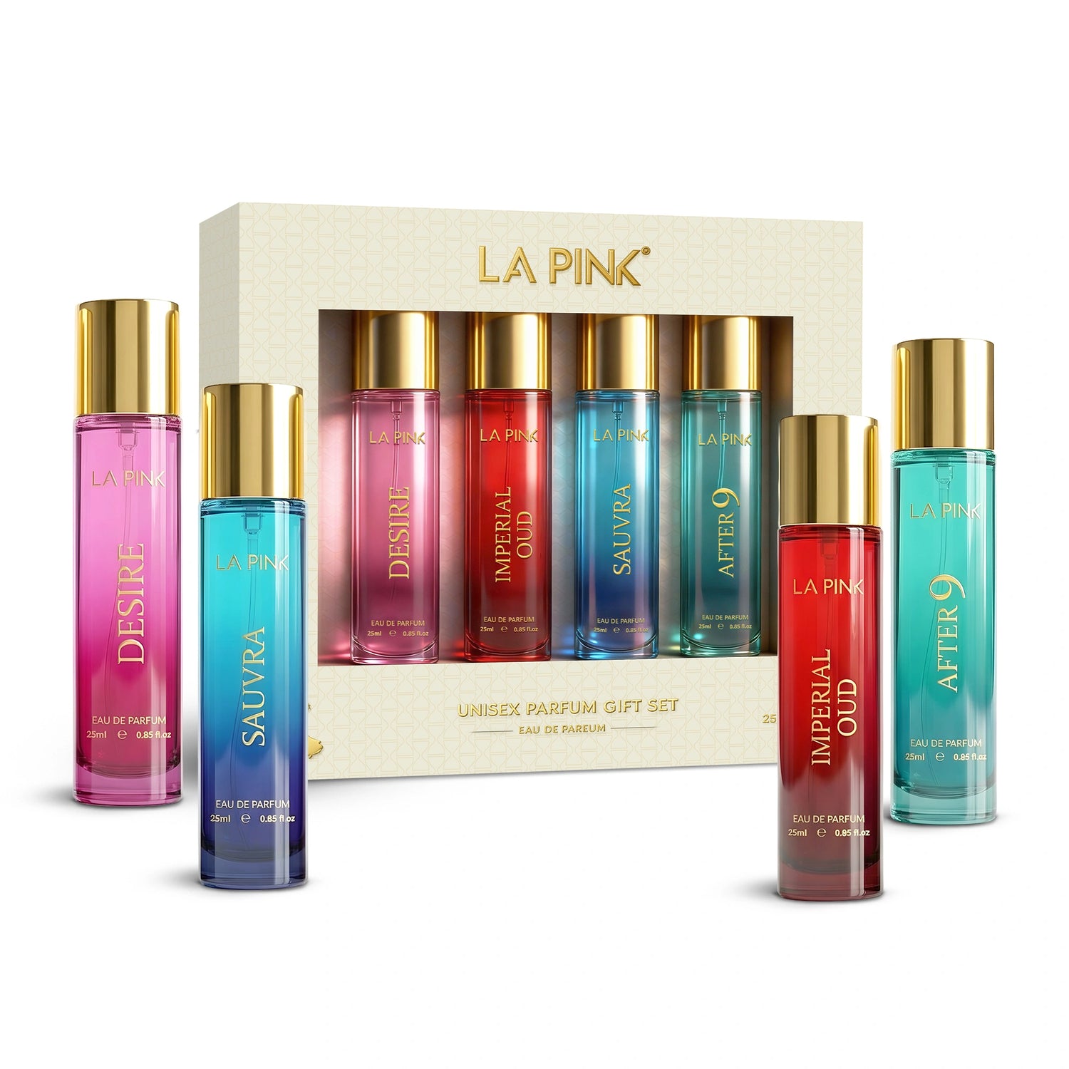 Set of La Pink perfume bottles with a display box on a white background