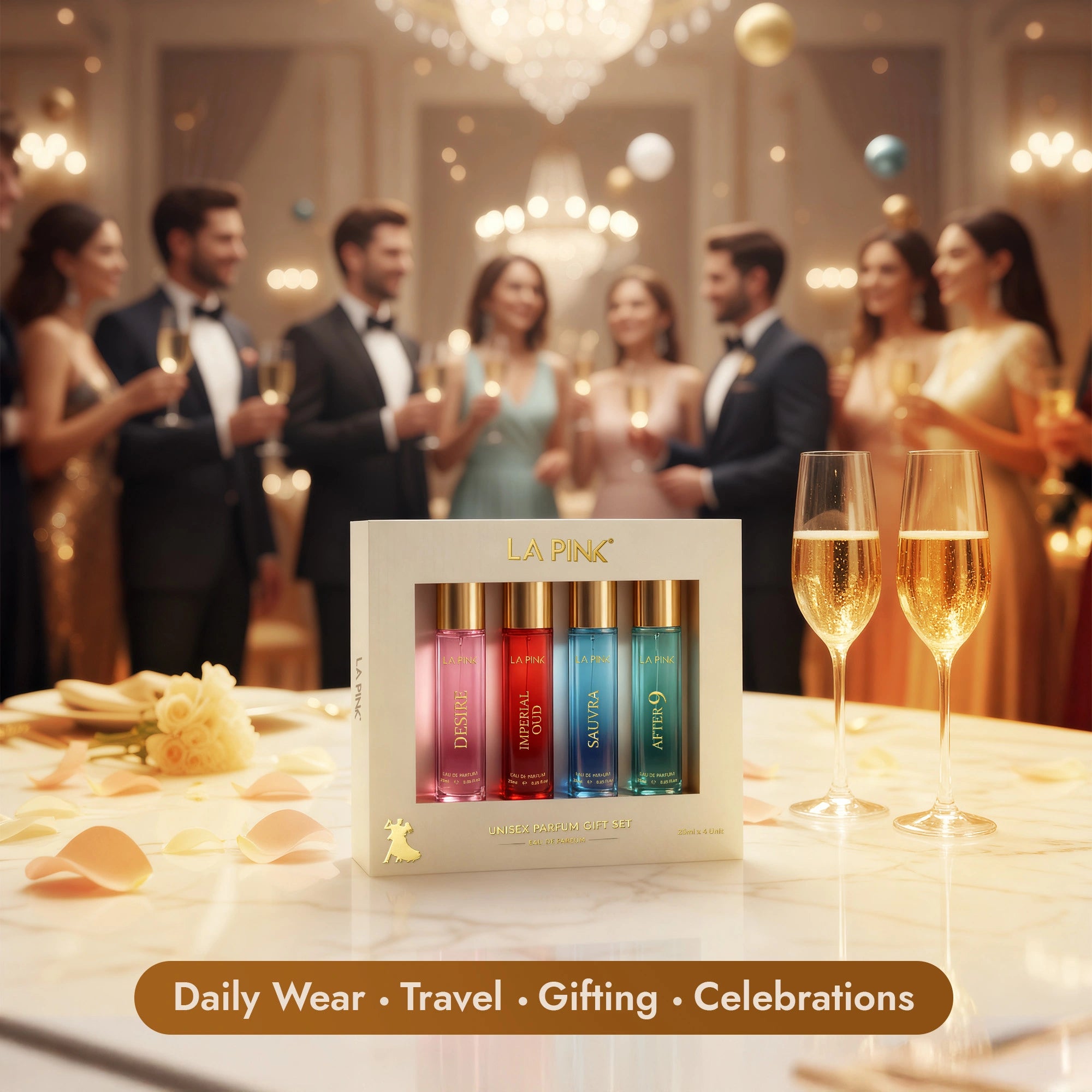 Set of La Rink lipsticks in a box with people in formal attire and champagne glasses in the background.