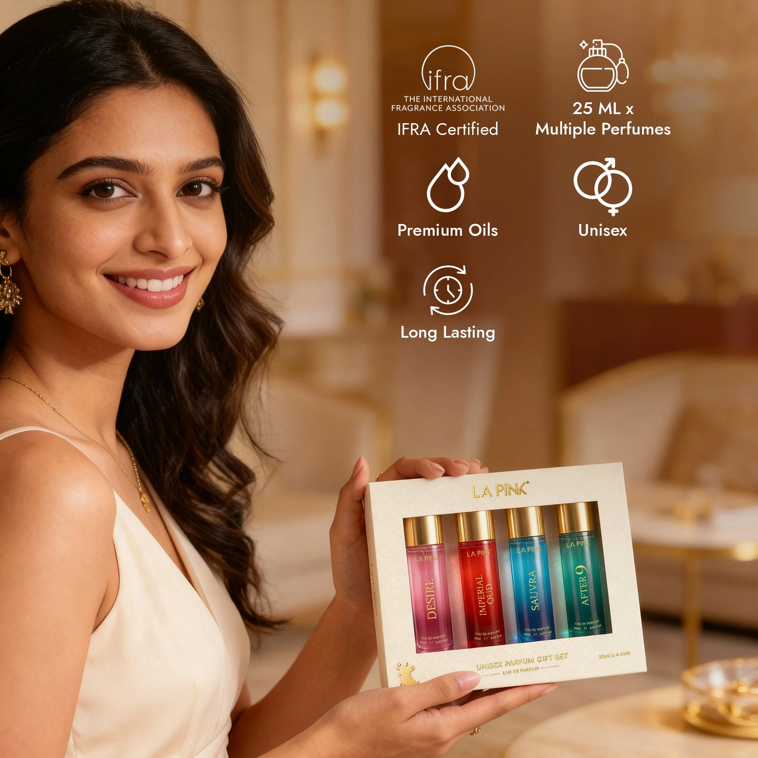 Woman holding a set of La Pink perfume bottles with product features displayed.