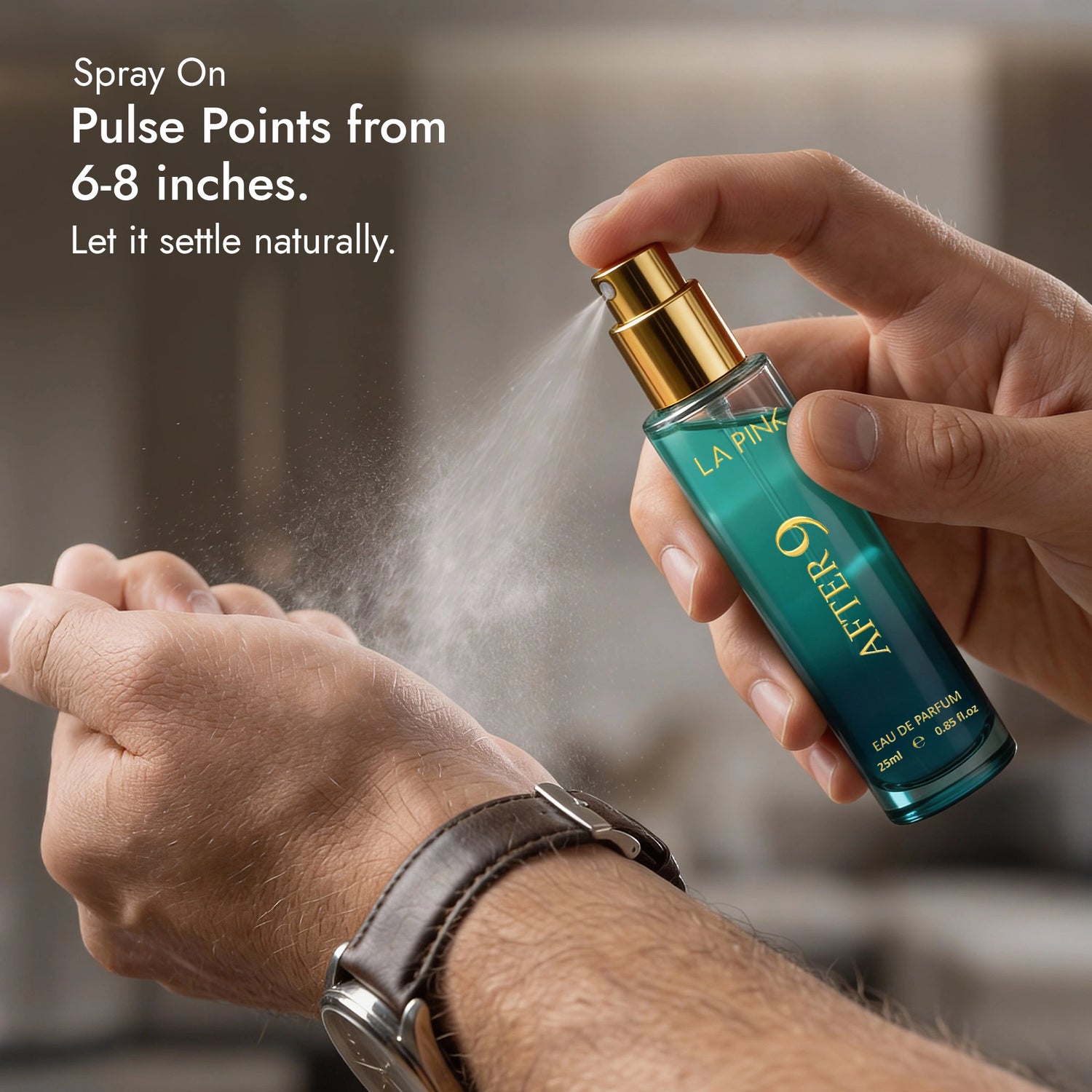 Person applying a spray of La Rive After 9 perfume to their wrist.