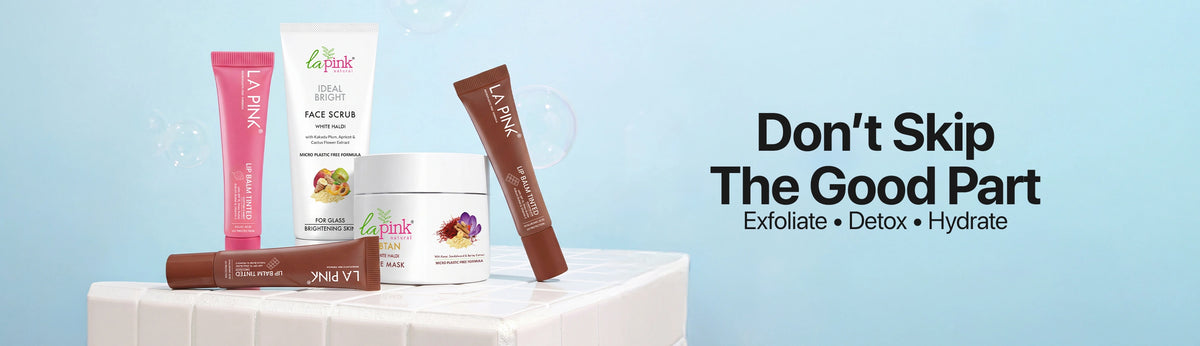 Skincare products on a white surface with a blue background and text promoting exfoliation, detox, and hydration.