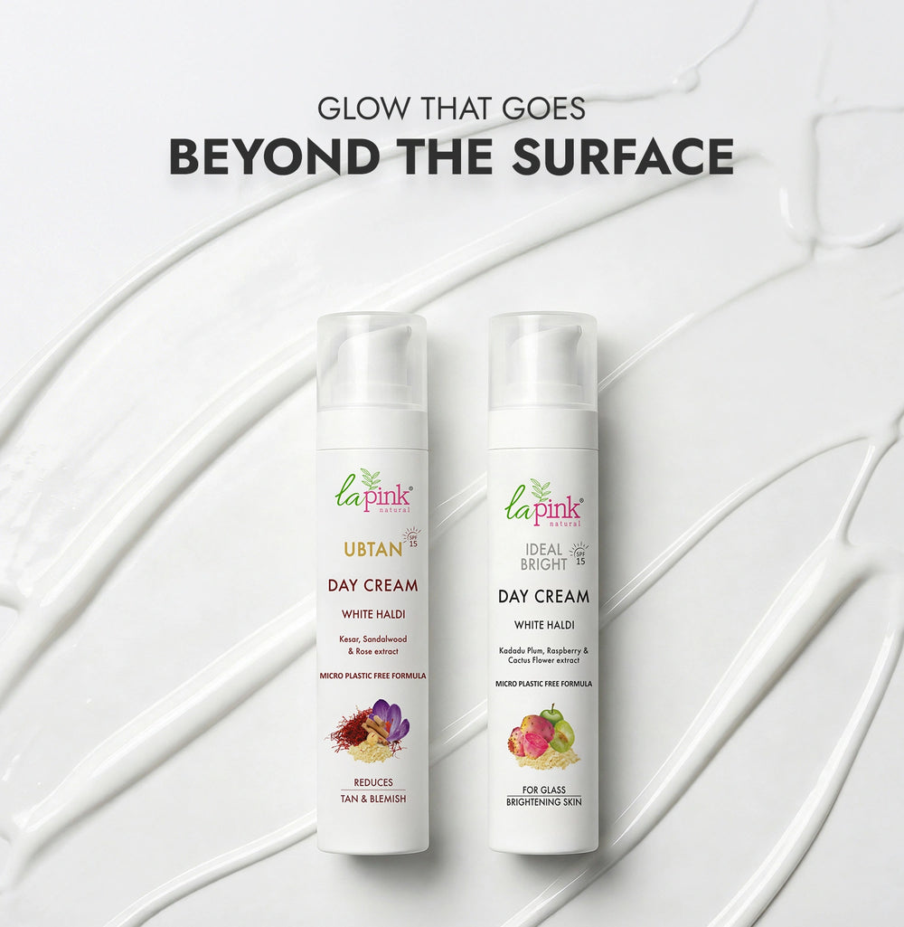 Two bottles of La Pink Day Cream on a white background with text 'Glow That Goes Beyond The Surface'.