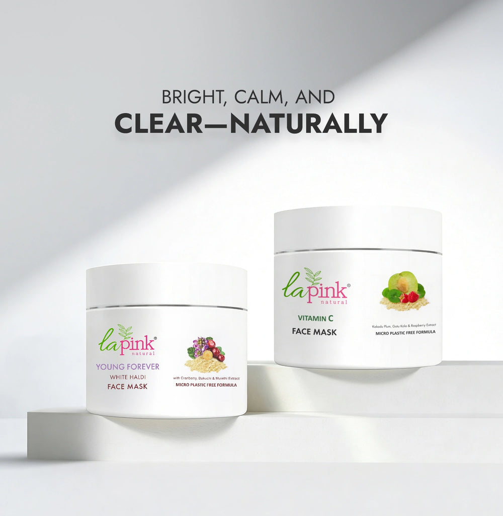 Two face mask containers with 'la pink' branding on a white background.