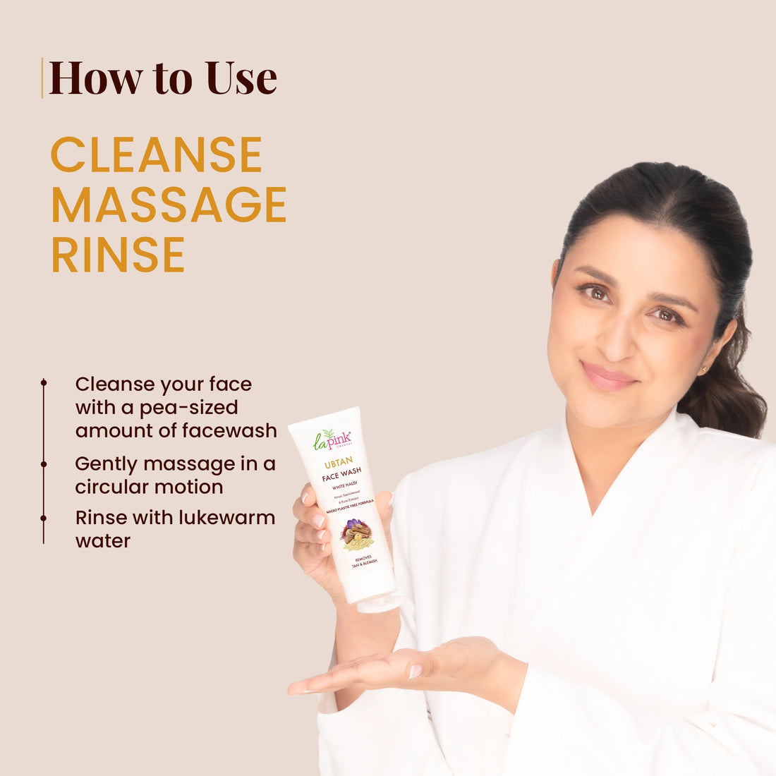Woman holding a face wash product with instructions on how to use it.