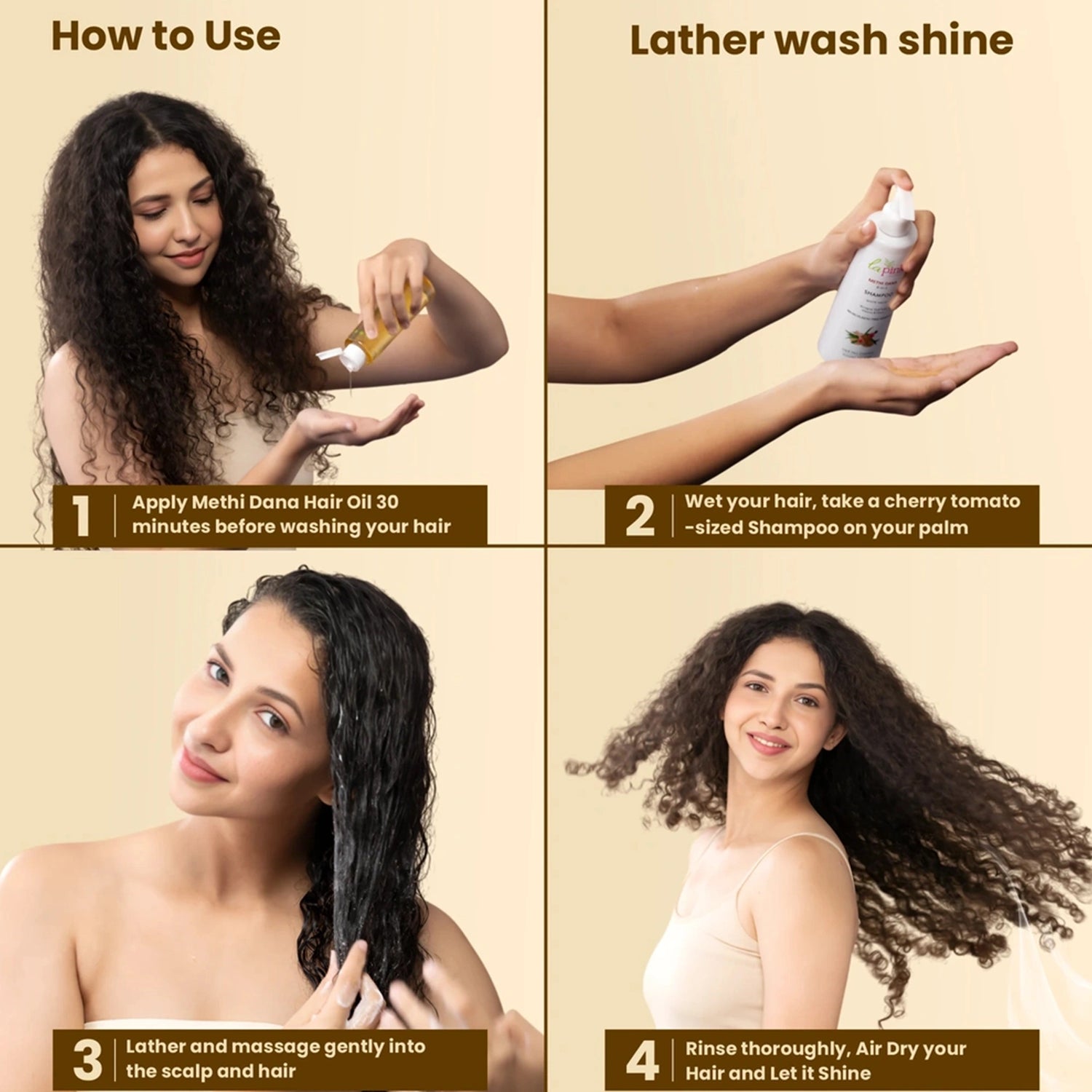 Step-by-step guide on how to use Methi Dana hair care products with a woman demonstrating the process.