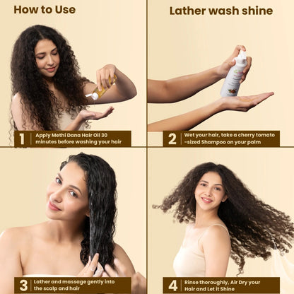 Step-by-step guide on how to use Methi Dana hair care products with a woman demonstrating the process.