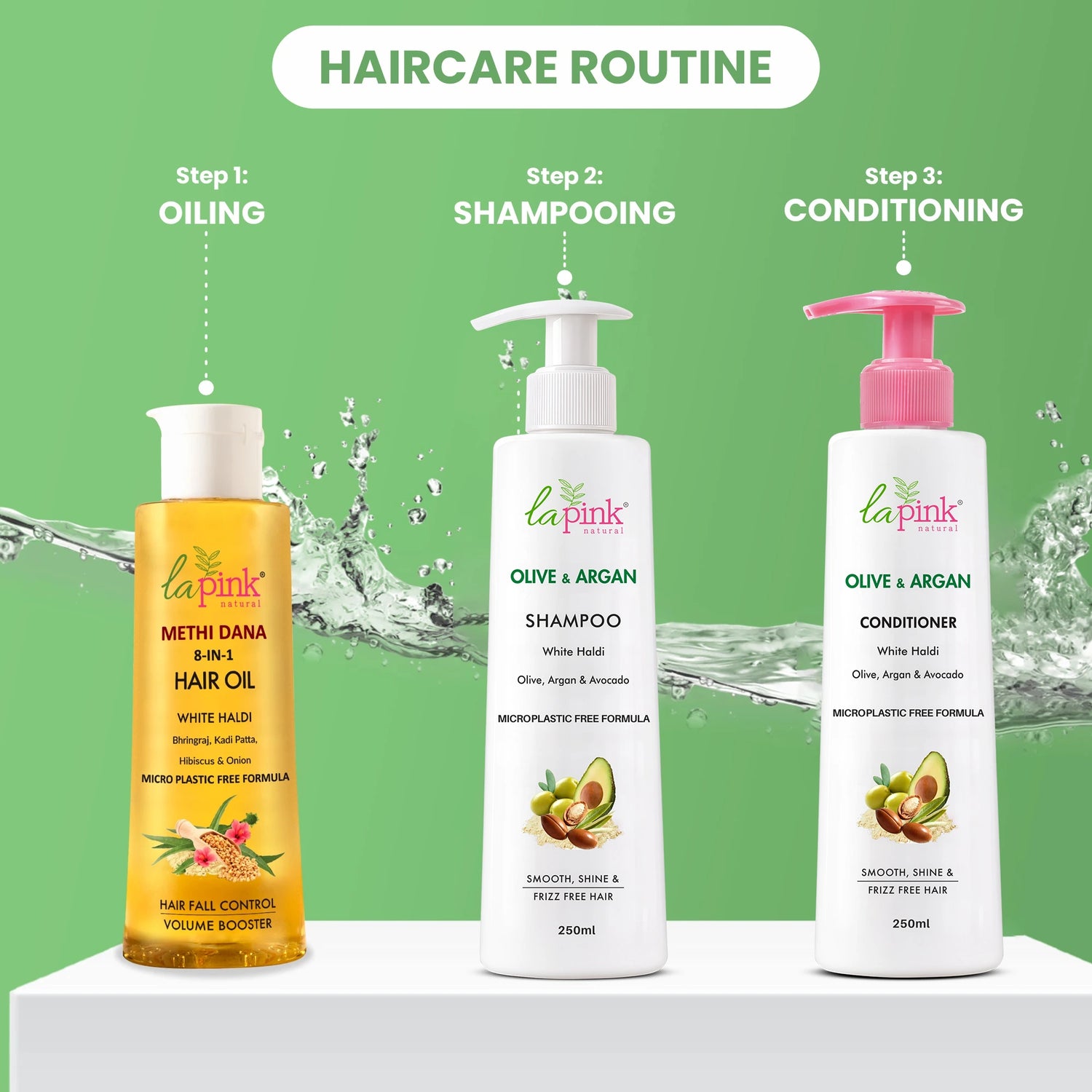 Three hair care products with labels on a green background