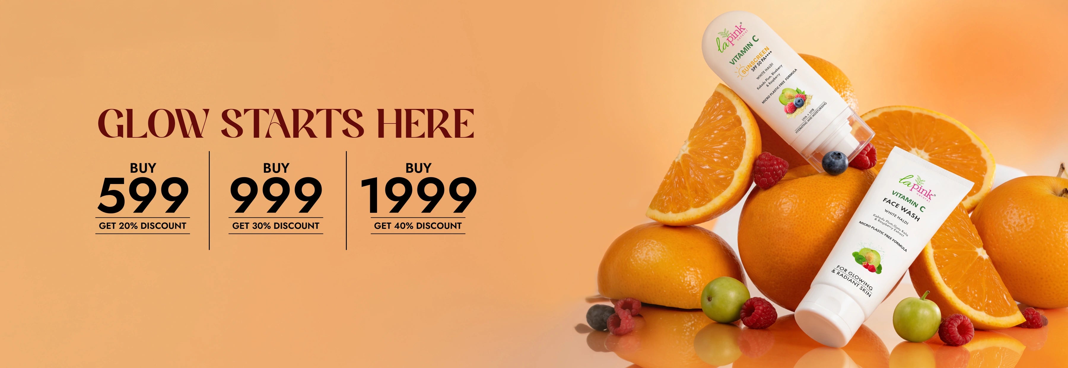 Promotional banner with oranges, berries, and skincare products on an orange background with text and pricing.