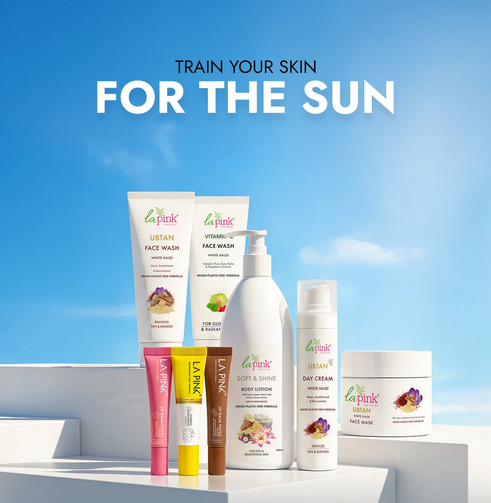 Sunscreen and skincare products with a blue sky background