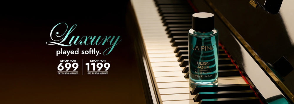 Lapin perfume bottle on a piano with promotional text for luxury products.