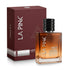 LA PINK Hot Look Super Parfum for men, showing the amber-colored glass bottle with a black cap next to its dark red textured packaging box on a white background.

