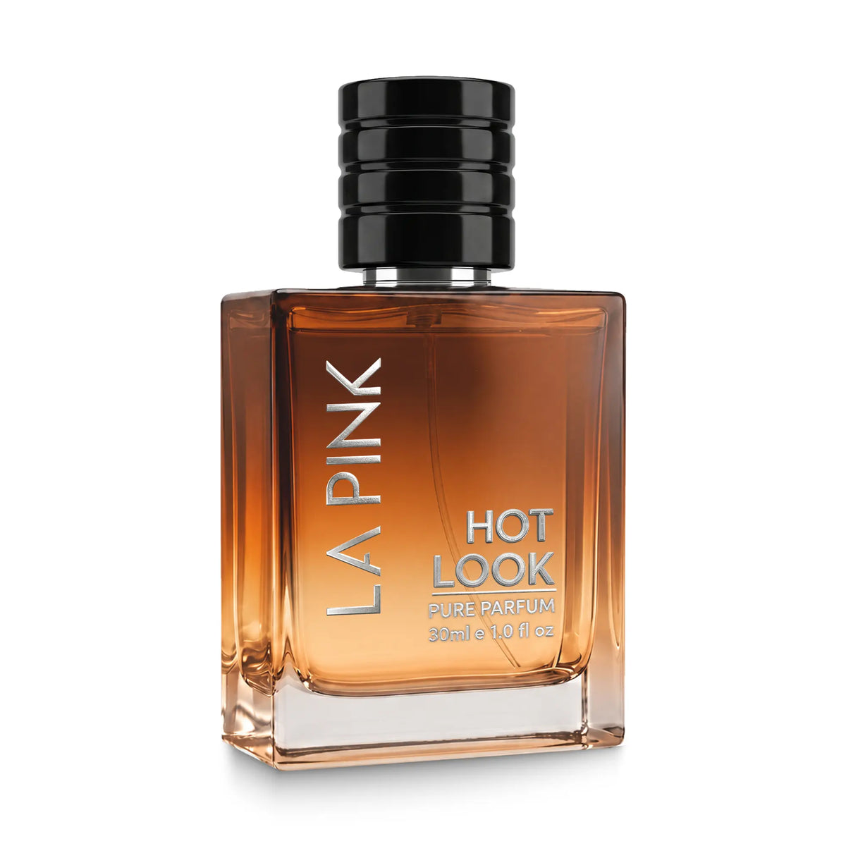 A 30ml bottle of LA PINK Hot Look Pure Parfum with amber-colored liquid inside a clear glass bottle, featuring a black ribbed cap and silver lettering, set against a plain white background.


