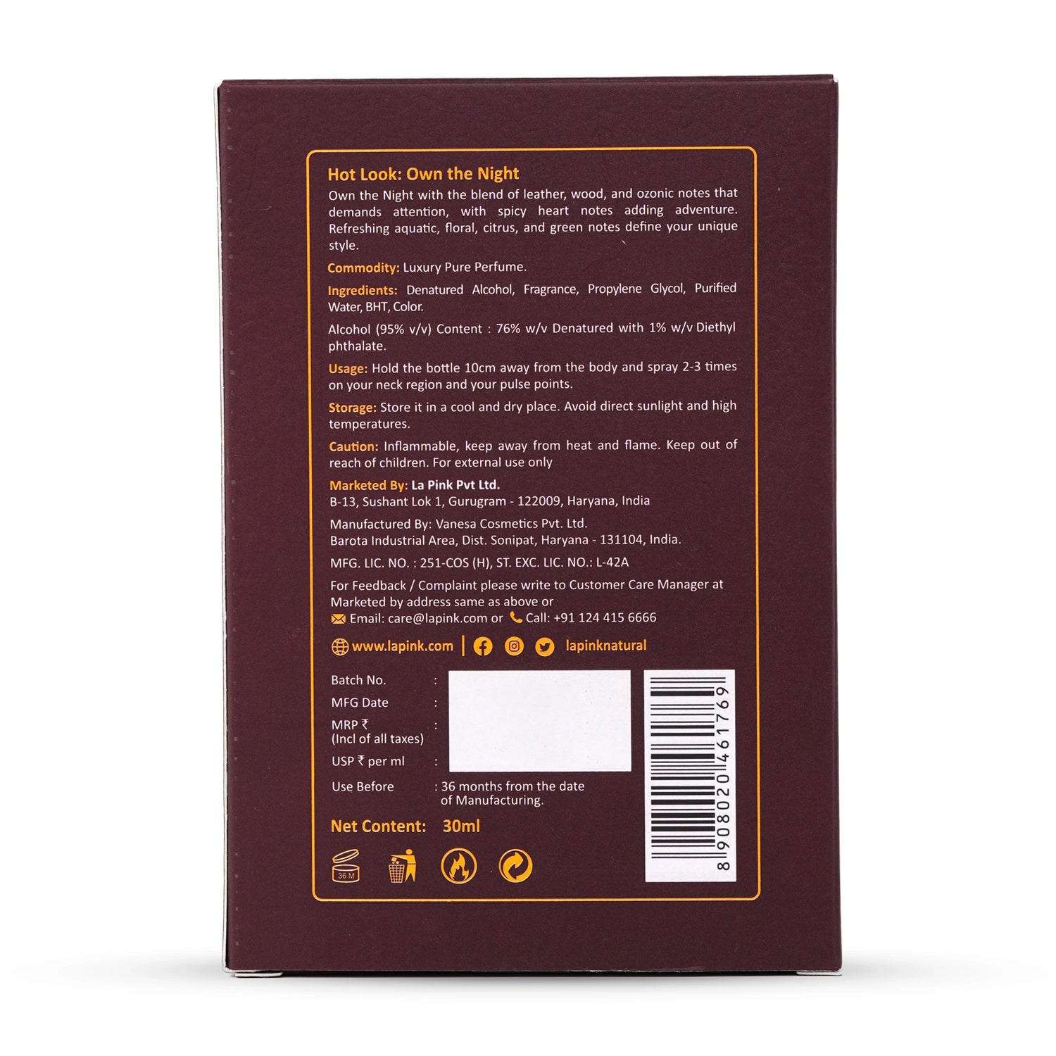 Back of a perfume bottle packaging with text and branding
