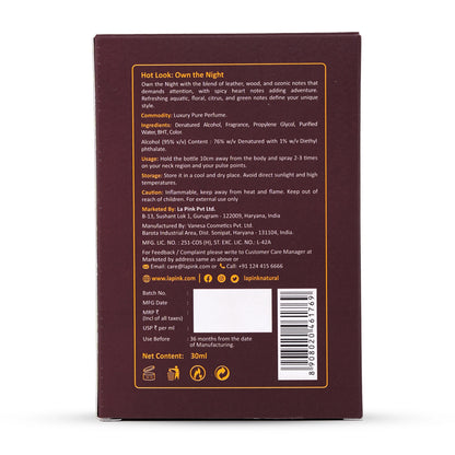 Back of a perfume bottle packaging with text and branding