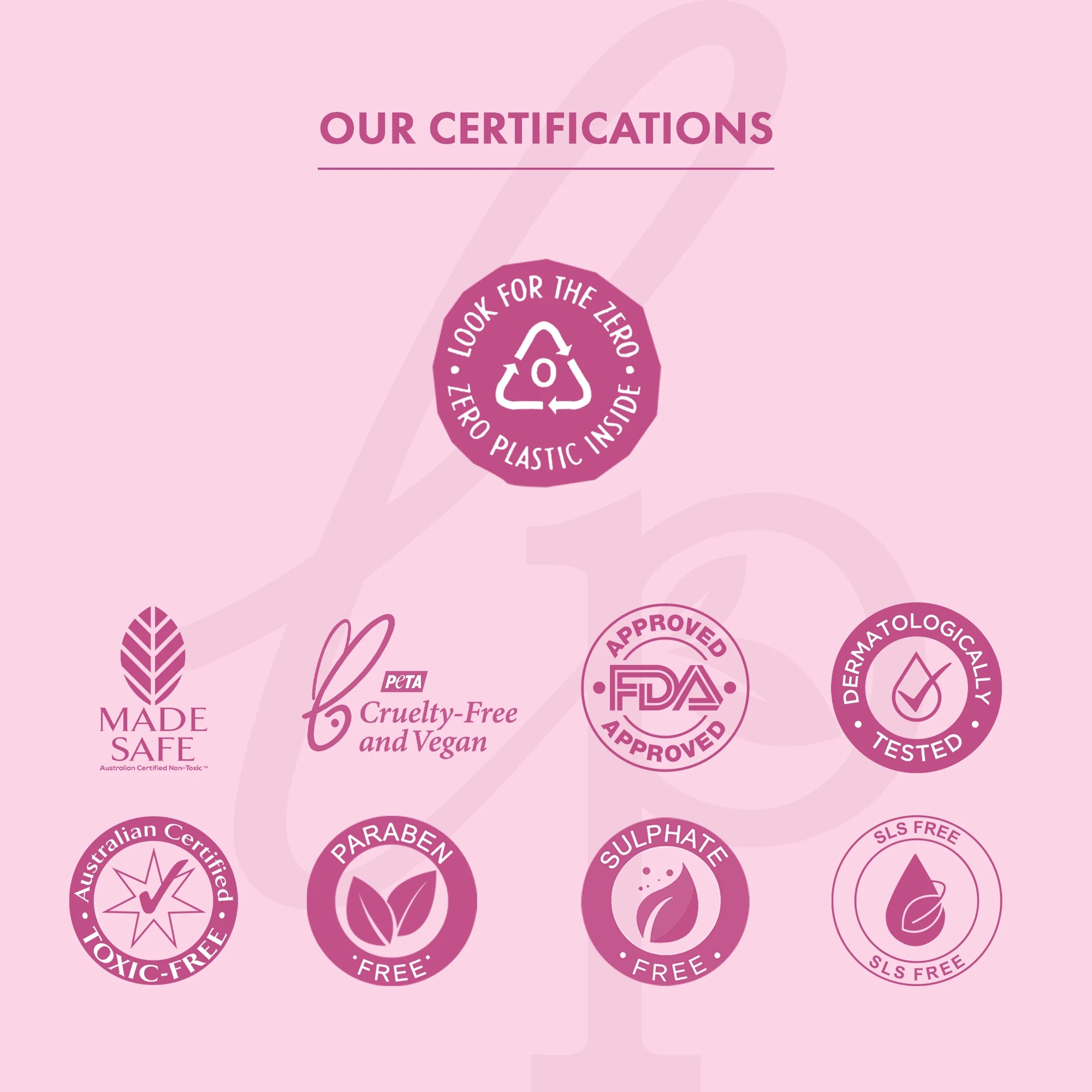 Collection of product certification logos on a pink background