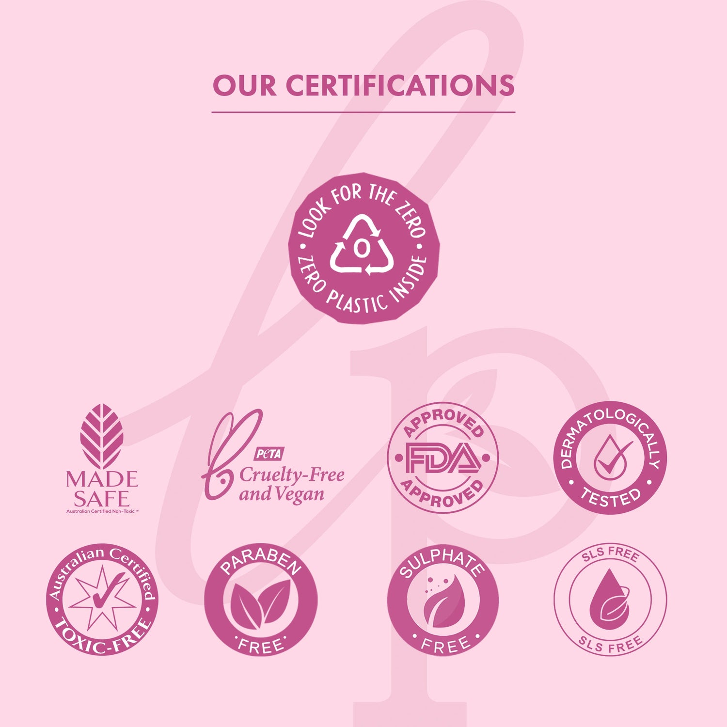 Collection of product certification logos on a pink background