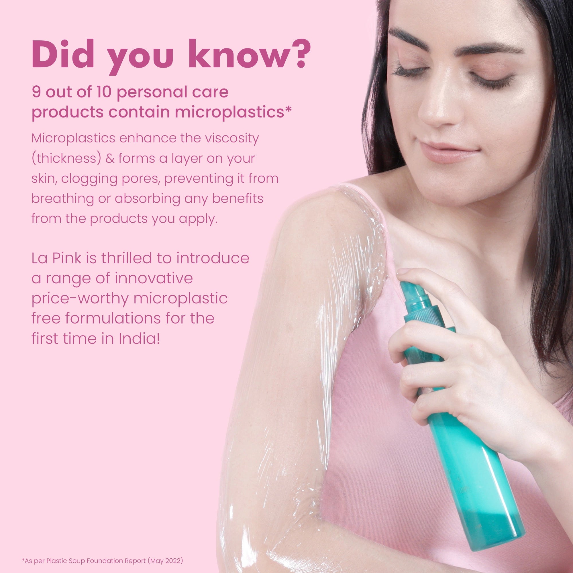 Woman applying a personal care product with text about microplastics on a pink background.